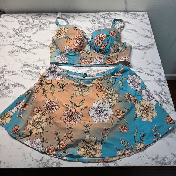 Torrid Peach Blue Floral 2 Piece Bathing Suit Set Underwire Skirt Summer Beach - Picture 1 of 8